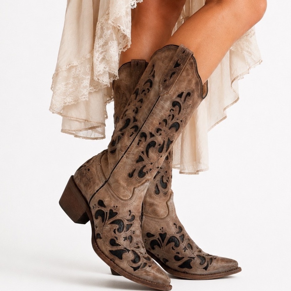 J.B. Dillon Chicory Leather Cutout Western Cowboy Boots Women 6 Pointed Snip Toe